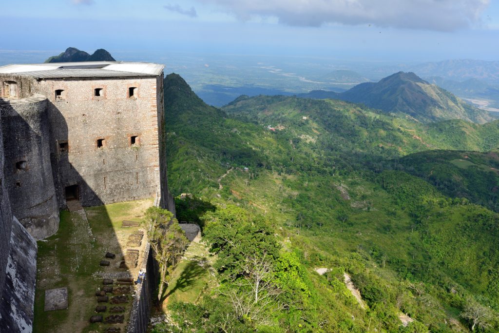 Mountain range over Haiti and remains of the French Citadelle la ferriere built on the top of a mountain