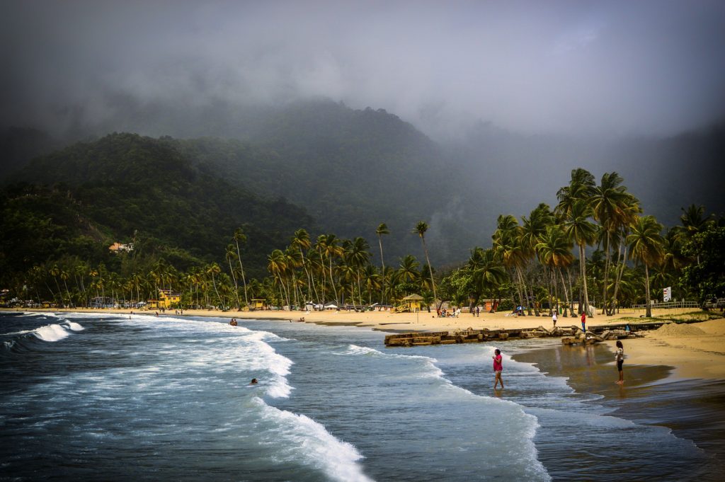 Beautiful Ocean Waves Crashing on Yellow sands of Maracas Beach Shoreline in Trinidad, Caribbean Island paradise, Beach